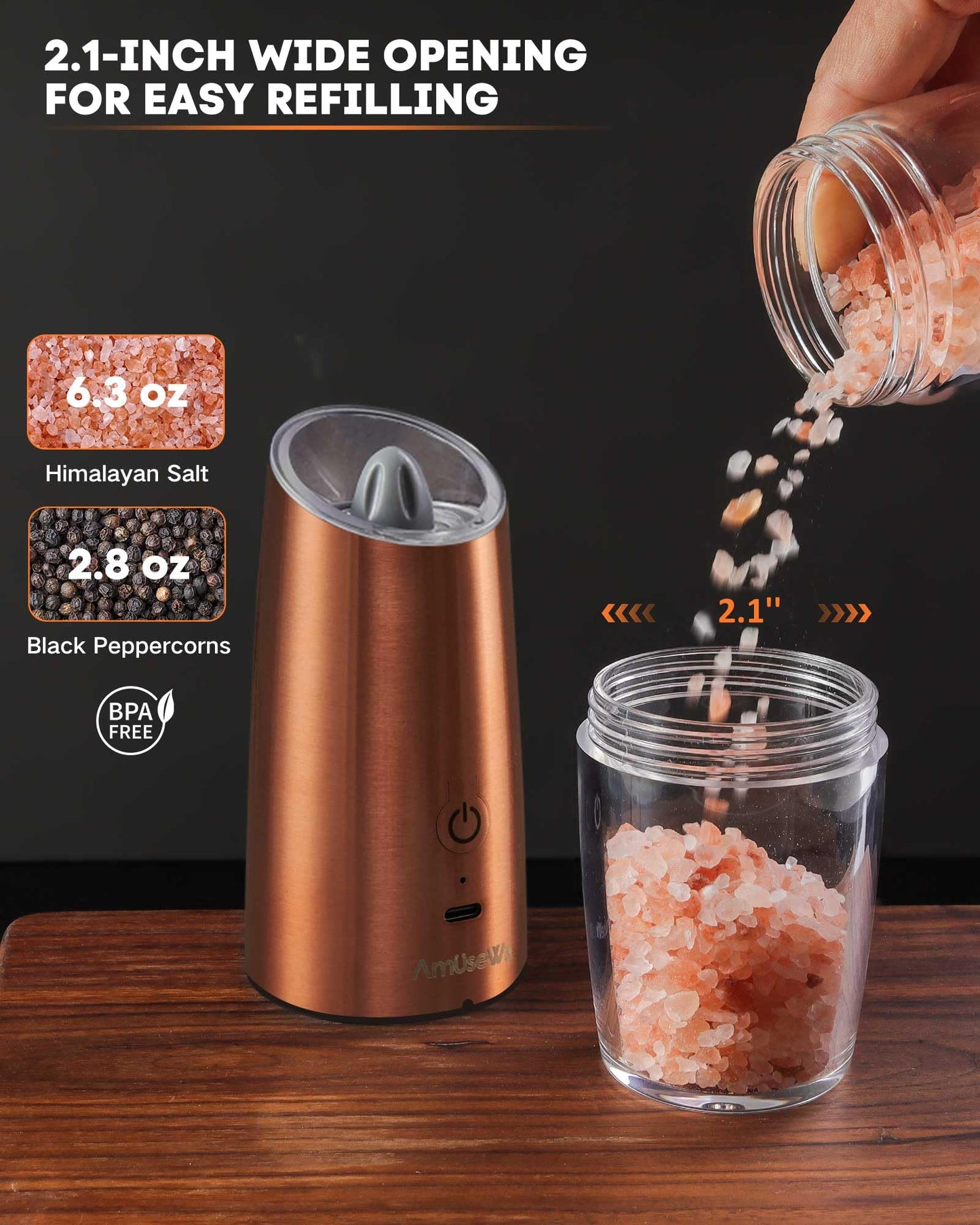 AmuseWit Gravity Electric Salt and Pepper Grinder Set [White Light] USB Rechargeable Automatic Pepper and Salt Mills,Adjustable Coarseness,One-Handed Operation, Copper