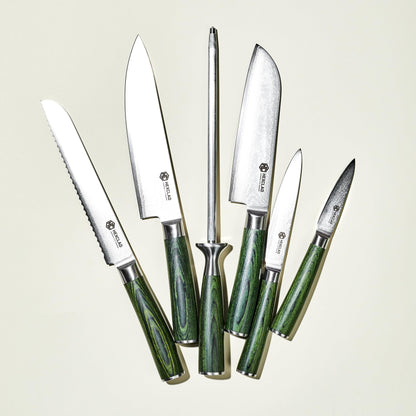 HexClad Essential Knife Set, 6-Piece, Japanese Damascus Stainless Steel Blades, Full Tang Construction, Pakkawood Handles