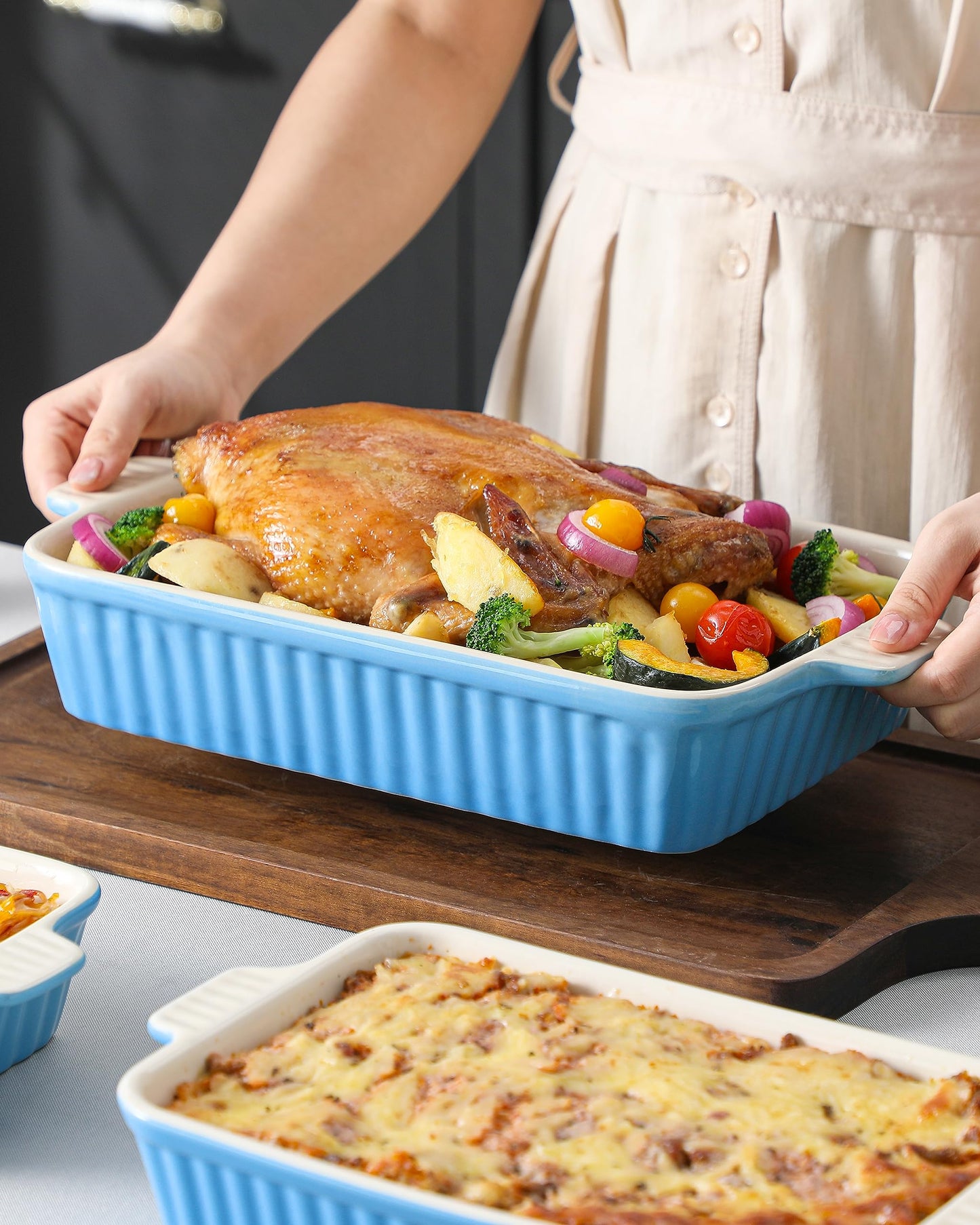 MALACASA Casserole Dishes for Oven, Porcelain Baking Dishes, Ceramic Bakeware Sets of 4, Rectangular Lasagna Pans Deep with Handles for Baking Kitchen, Blue (9.4"/11.1"/12.2"/14.7"), Series BAKE.BAKE