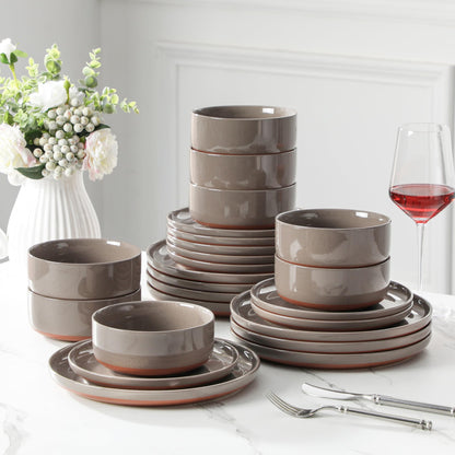 MALACASA Plates and Bowls Sets, 24 Pieces Modern Ceramic Dinnerware Set for 8 Kitchen Dinner Set Stoneware Dishware Dishes Set Microwave and Dishwasher Safe, Brown, Series TARA