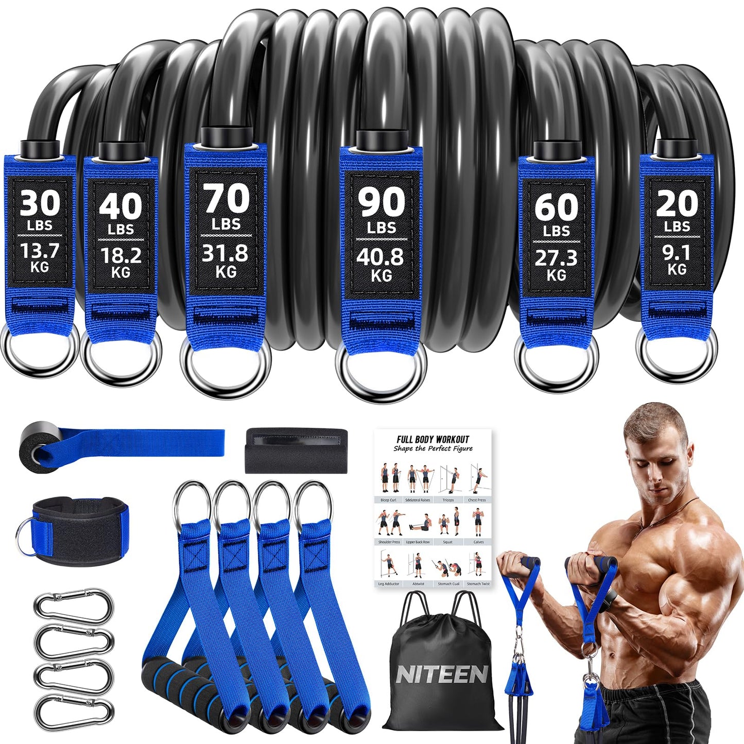 Heavy Resistance Bands for Working Out, NITEEN Resistance Bands with Handles Weight Exercise Bands for Men Women, Workout Bands with Door Anchor and Ankle Straps Strength Training Equipment