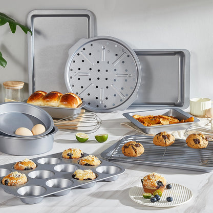 HONGBAKE Bakeware Sets, Baking Pans Set, Nonstick Oven Pan for Kitchen with Wider Grips, 10-Piece Including Rack, Cookie Sheet, Cake Pans, Loaf Pan, Muffin Pan, Pizza Pan - Sliver