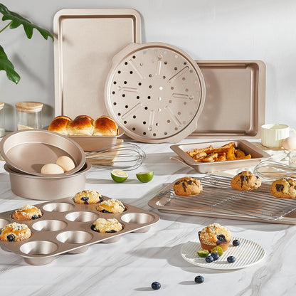 HONGBAKE Bakeware Sets, Baking Pans Set, Nonstick Oven Pan for Kitchen with Wider Grips, 10-Piece Including Rack, Cookie Sheet, Cake Pans, Loaf Pan, Muffin Pan, Pizza Pan - Champagne Gold