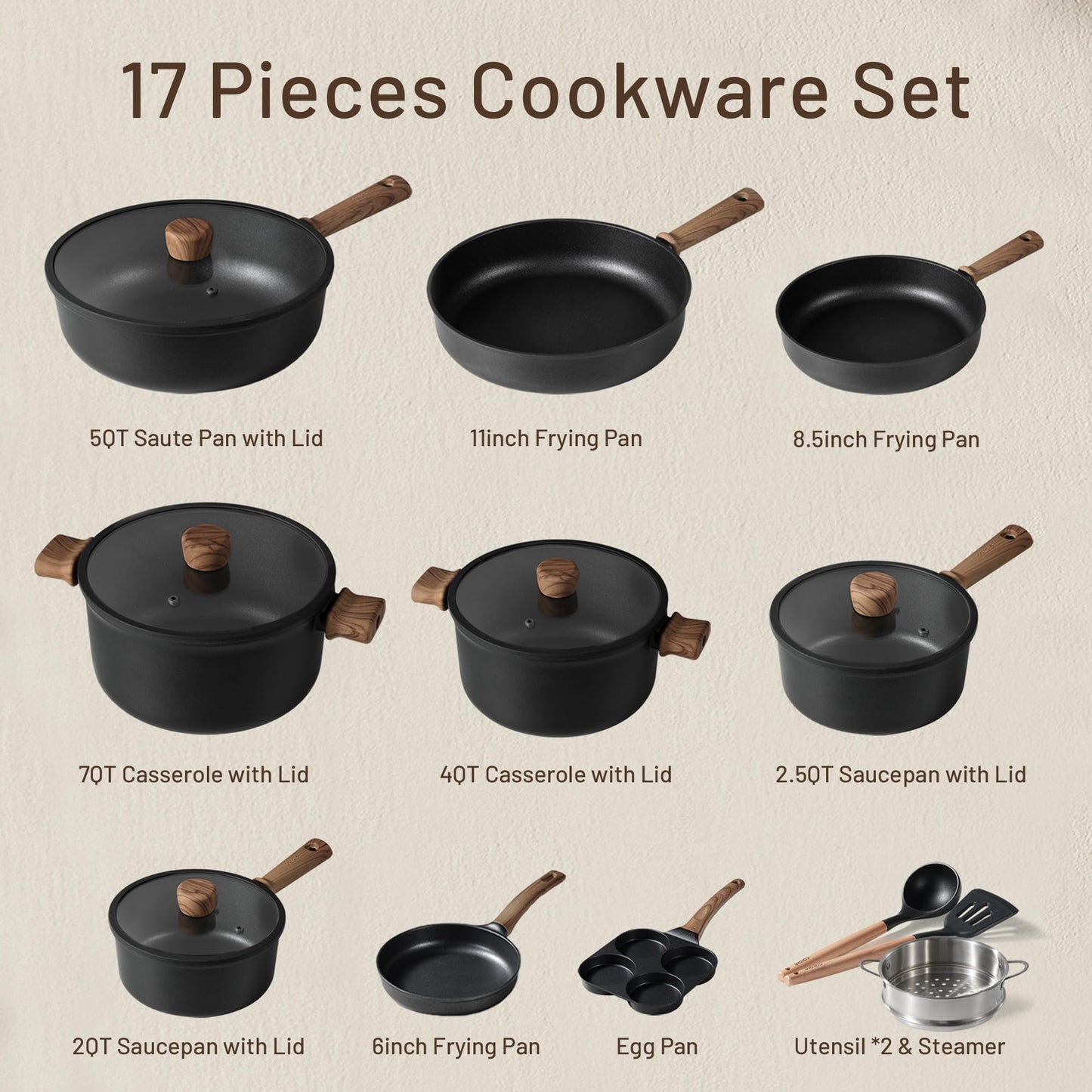 CAROTE Nonstick Kitchen Cookware Sets, Non stick Pots and Pans set, Induction Cookware Set 17pcs Black