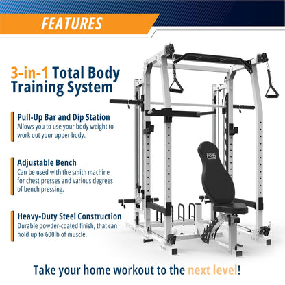 Marcy 3 in 1 Smith Machine Home Gym System with Upper and Lower Dual Cable Crossovers and Adjustable Bench for Full Body Training, Black