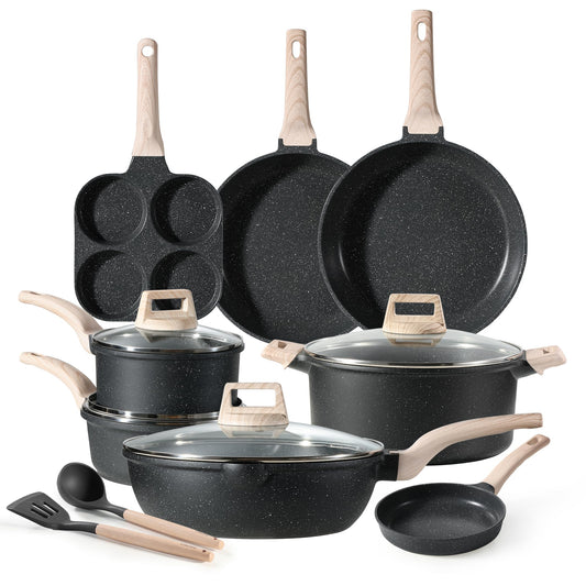 CAROTE Pots and Pans Set, Nonstick Cookware Sets, Classic Black Induction 14Pcs Cookware Non Stick Cooking Set w/Frying Pans & Saucepans