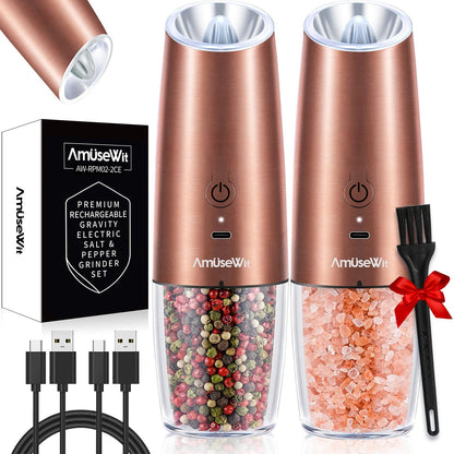 AmuseWit Gravity Electric Salt and Pepper Grinder Set [White Light] USB Rechargeable Automatic Pepper and Salt Mills,Adjustable Coarseness,One-Handed Operation, Copper