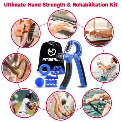 Hand Grip Strengthener Workout Kit (5 Pack) FitBeast Forearm Grip Adjustable Resistance Hand Gripper, Finger Exerciser, Finger Stretcher, Grip Ring & Stress Relief Grip Ball for Athletes (Navy Blue)