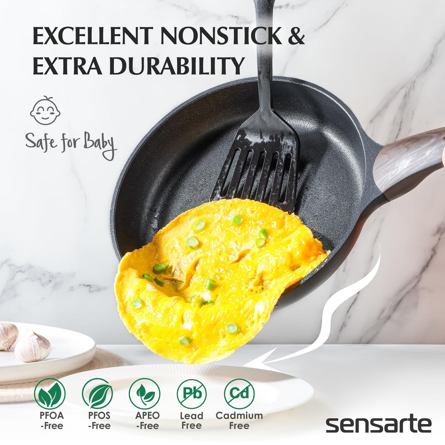 SENSARTE Pots and Pans Set Nonstick, 14 Pcs Induction Cookware Sets, Non-toxic Non Stick Kitchen Cooking Set with Frying Pans Set & Saucepan, PFOA PFOS APEO Free, Black