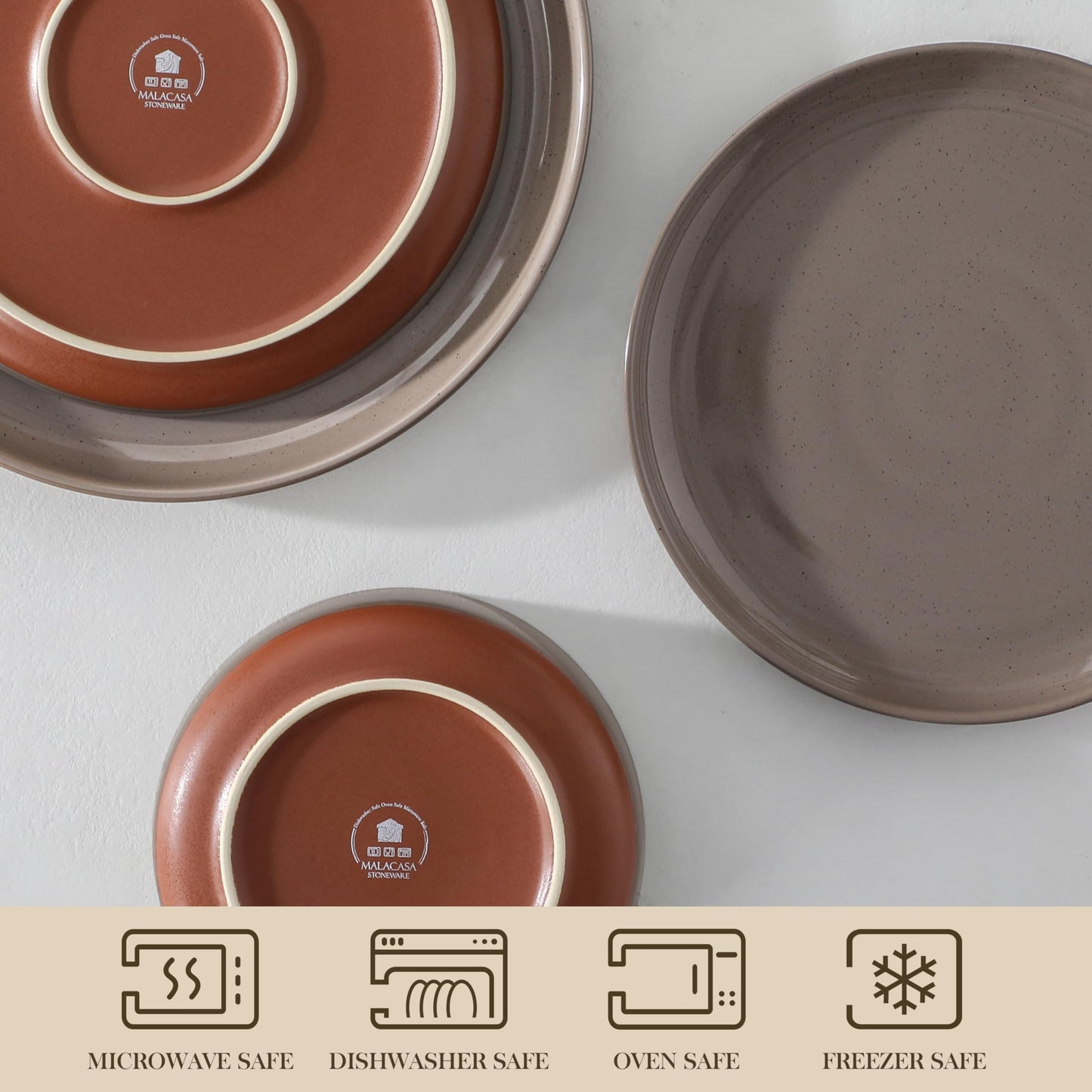 MALACASA Plates and Bowls Sets, 12 Pieces Modern Stoneware Dinnerware Set for 4 Kitchen Dinner Set Ceramic Dishware Dishes Set Microwave and Dishwasher Safe, Brown, Series TARA