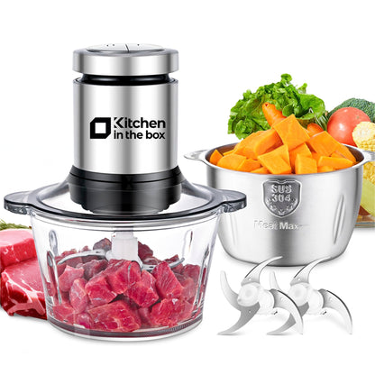 Kitchen in the box Food Processors with 400W All-Copper Motor,Small Meat Grinder & Food Chopper - Electric Vegetable Chopper with 2 8-Cups Bowls & 2 Bi-Level Blades for Meat/fish/Vegetable/Baby Food