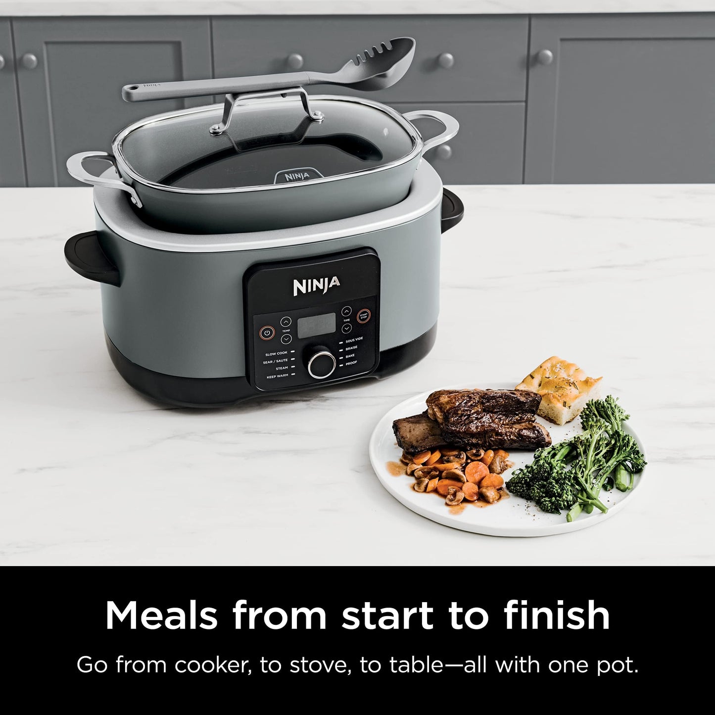 Ninja MC1001 Foodi PossibleCooker PRO 8.5 Quart Multi-Cooker, with 8-in-1 Slow Cooker, Dutch Oven, Steamer, Glass Lid Integrated Spoon, Nonstick, Oven Safe Pot to 500°F, Sea Salt Gray