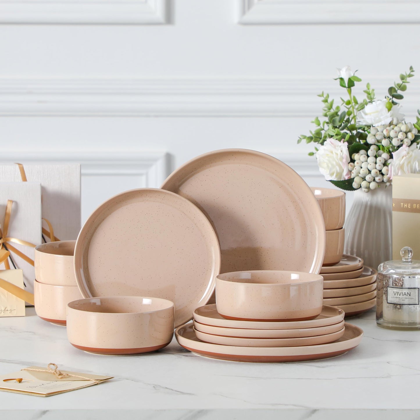 MALACASA Plates and Bowls Sets, 18 Pieces Modern Ceramic Dinnerware Set for 6 Kitchen Dinner Set Stoneware Dishware Dishes Set Microwave and Dishwasher Safe, Pink, Series TARA