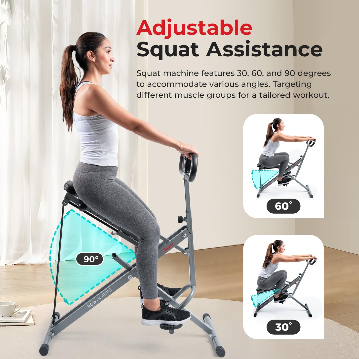 Sunny Health & Fitness Smart Upright Row-N-Ride Exerciser, Squat Assist Trainer for Glutes Workout with Adjustable Resistance, Easy Setup & Foldable, Glute & Leg Exercise Machine- NO. 077S