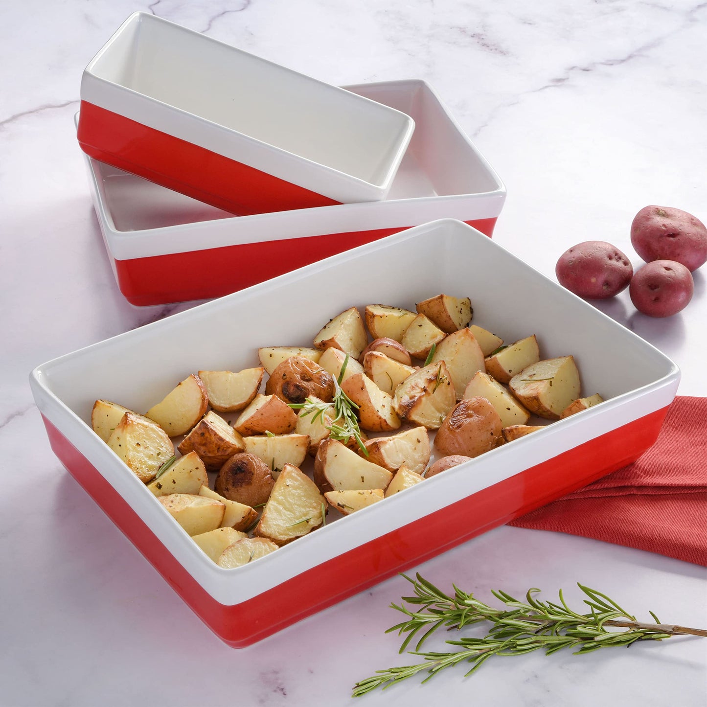 MARTHA STEWART 3 Piece Oven to Table Stoneware Bakeware, Baking Dish & Casserole Set - Red