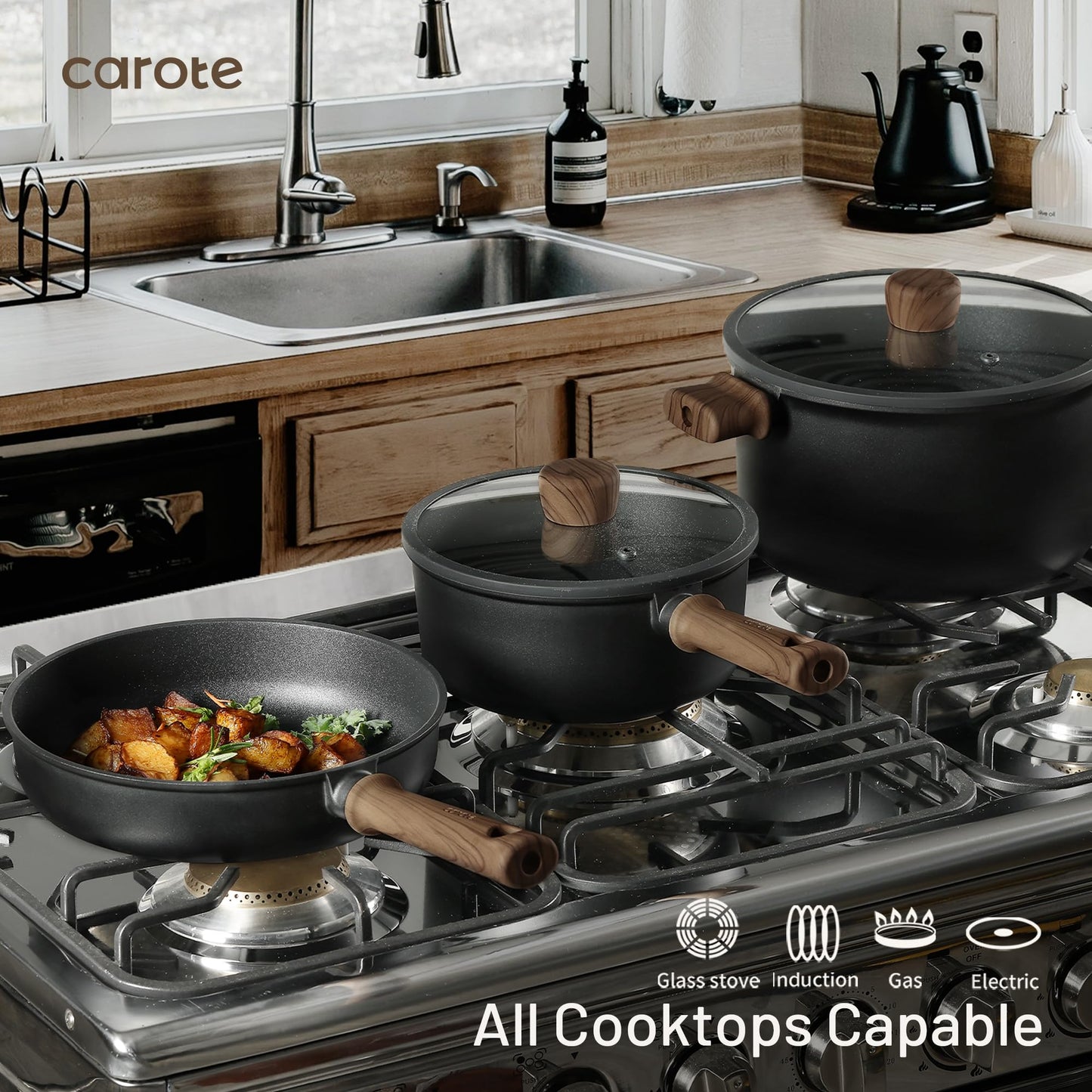 CAROTE Nonstick Cookware Sets, Pots and Pans Set Non Stick 14pcs, Titanium Induction Cooking Sets with Stay-Cool Handle, Black