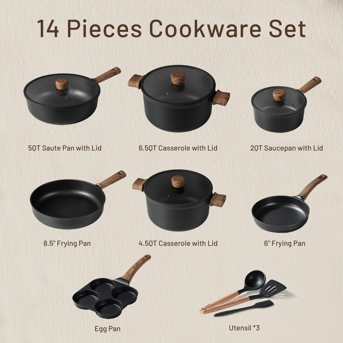 CAROTE Nonstick Cookware Sets, Pots and Pans Set Non Stick 14pcs, Titanium Induction Cooking Sets with Stay-Cool Handle, Black