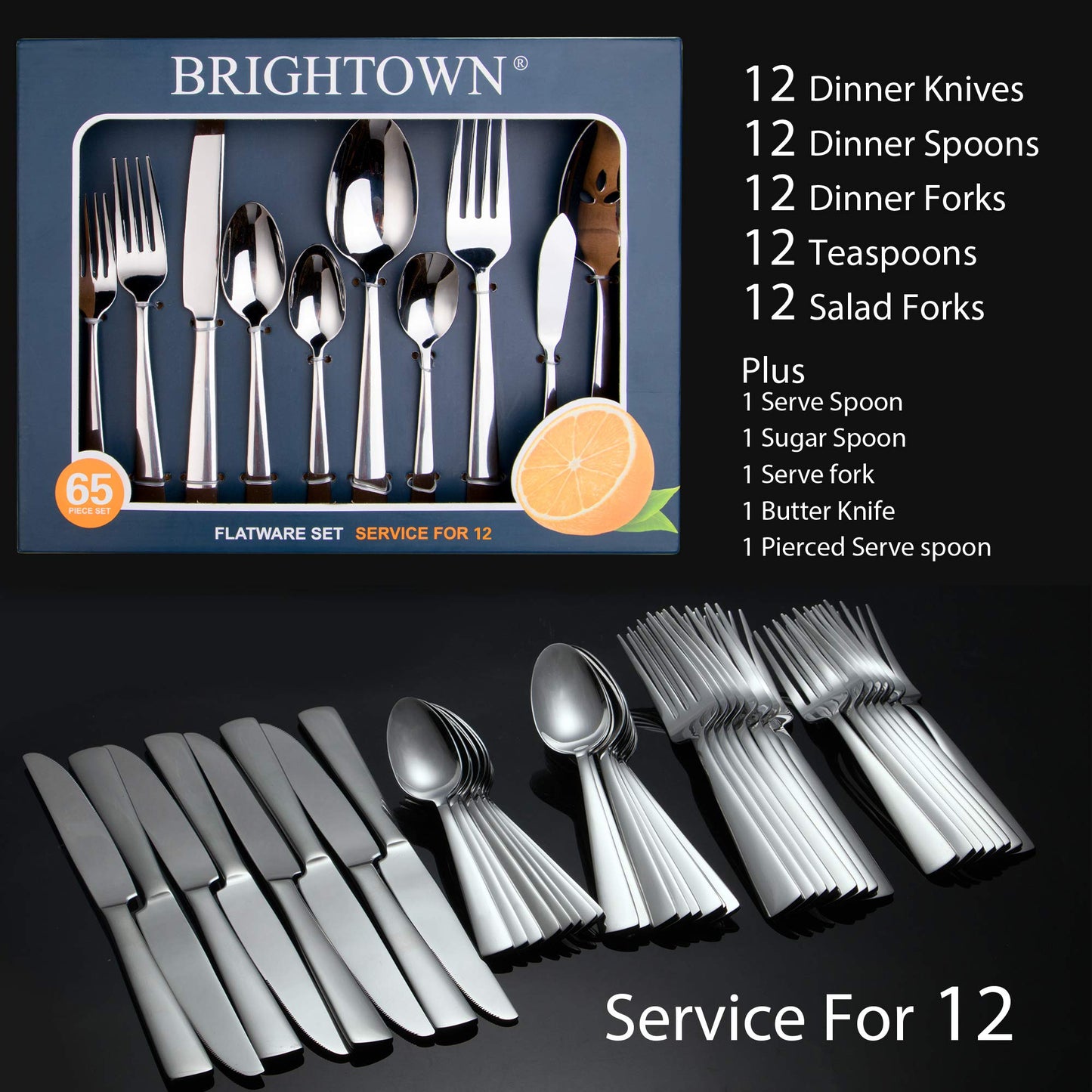 65 Piece Silverware Flatware Cutlery Set, Stainless Steel Fork Spoon Knife Sets for 12, Dishwasher Safe,Ergonomic Design Size and Weight