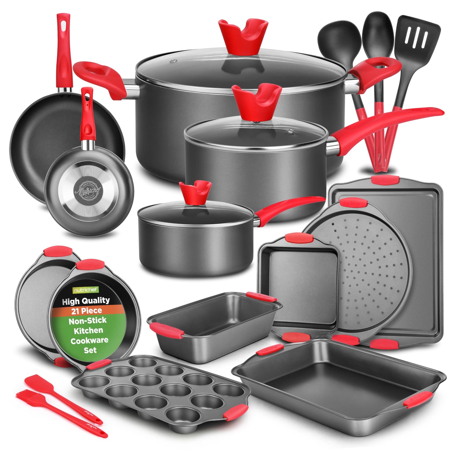 NutriChef 21-Piece Nonstick Cookware Set - Includes Saucepans, Skillets, Round & Square Baking Pans, Loaf & Muffin Pans, Pizza Crisper, Cookie Sheet, & Silicone Utensils - Complete Kitchen Set