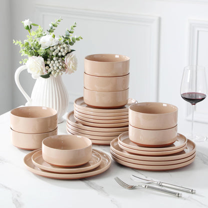 MALACASA Plates and Bowls Sets, 24 Pieces Modern Ceramic Dinnerware Set for 8 Kitchen Dinner Set Stoneware Dishware Dishes Set Microwave and Dishwasher Safe, Pink, Series TARA