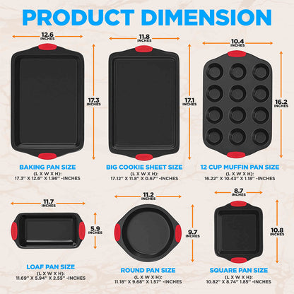 NutriChef 6-Piece Nonstick Bakeware Set - Carbon Steel Baking Tray Set w/ Heatsafe Red Silicone Handles, Oven Safe Up to 450°F, Loaf Muffin Round/Square Pans, Cookie Sheet, Baking Pan -NCSBS6S,Black