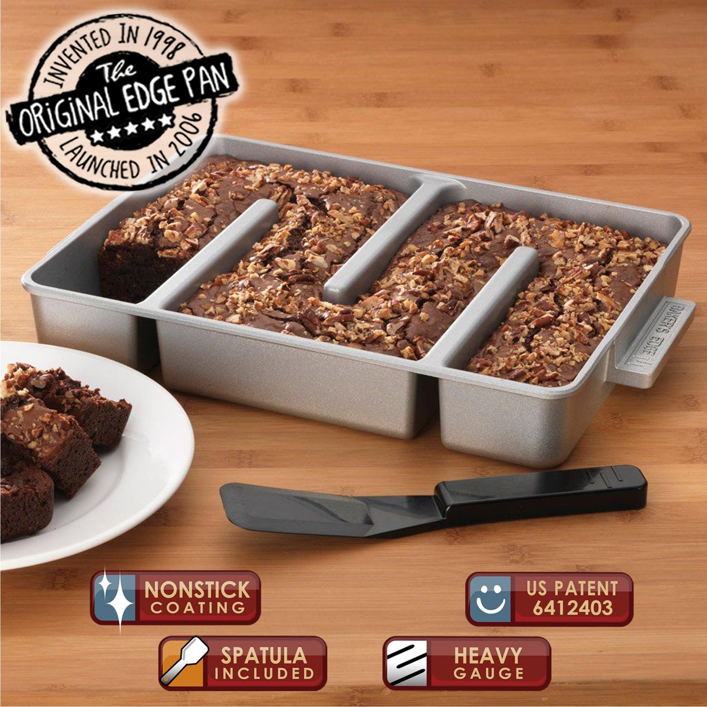 Baker's Edge Brownie Pan Complete Set (Includes Lid & Wedge) The Original All Edges Brownie Pan for Baking, Premium Doble Nonstick Coating, Heavy Gauge Cast Aluminum - Rectangular 9x12 Size Baking Pan