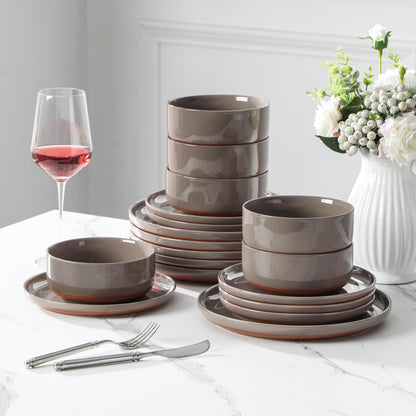 MALACASA Plates and Bowls Sets, 18 Pieces Modern Ceramic Dinnerware Set for 6 Kitchen Dinner Set Stoneware Dishware Dishes Set Microwave and Dishwasher Safe, Brown, Series TARA