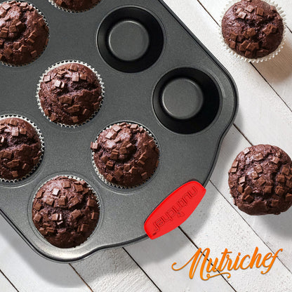 NutriChef 6-Piece Nonstick Bakeware Set - Carbon Steel Baking Tray Set w/ Heatsafe Red Silicone Handles, Oven Safe Up to 450°F, Loaf Muffin Round/Square Pans, Cookie Sheet, Baking Pan -NCSBS6S,Black