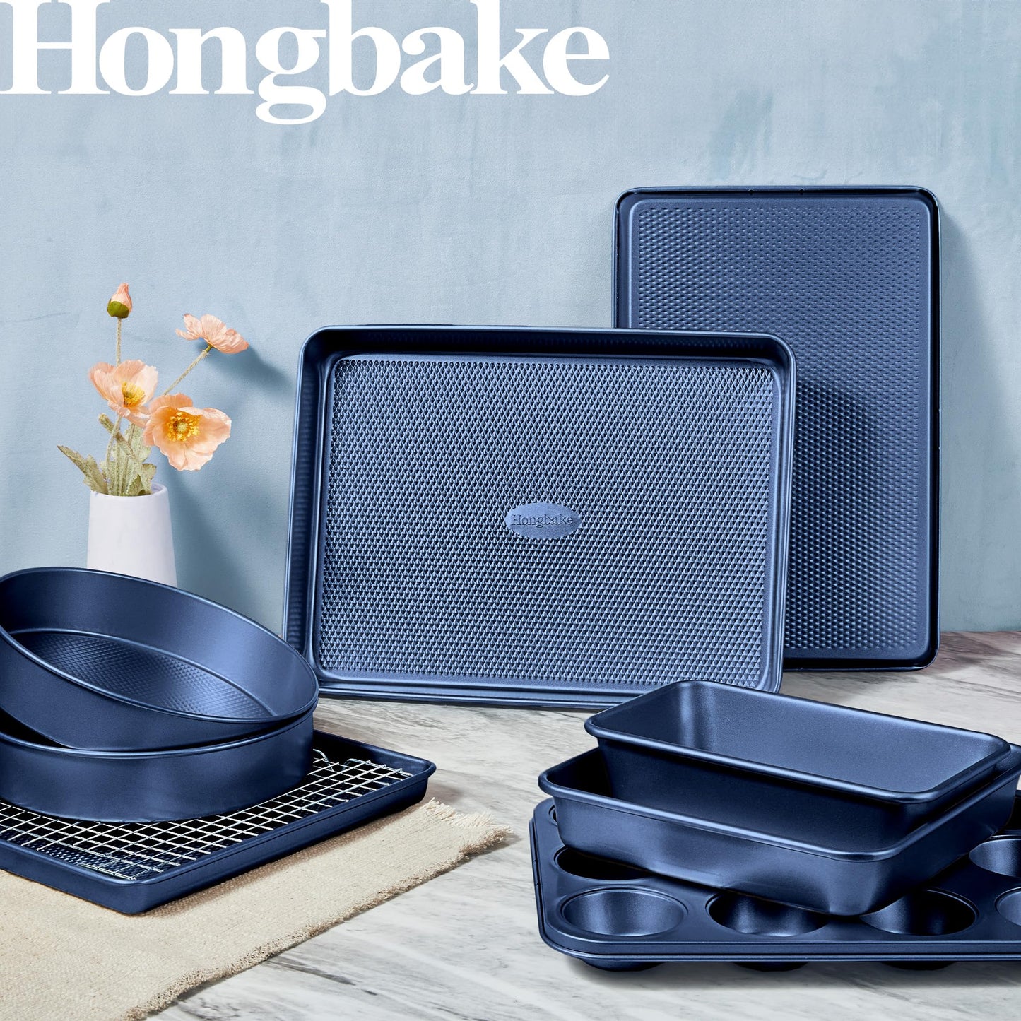 HONGBAKE 9-Piece Baking Pans Set Nonstick, Stackable Non Toxic Bakeware Sets with Diamond Texture, Oven Pan Set for Cooking, Includes Cookie Sheet with Rack, Cake Pan, Roasting Pan, Muffin Pan, Blue