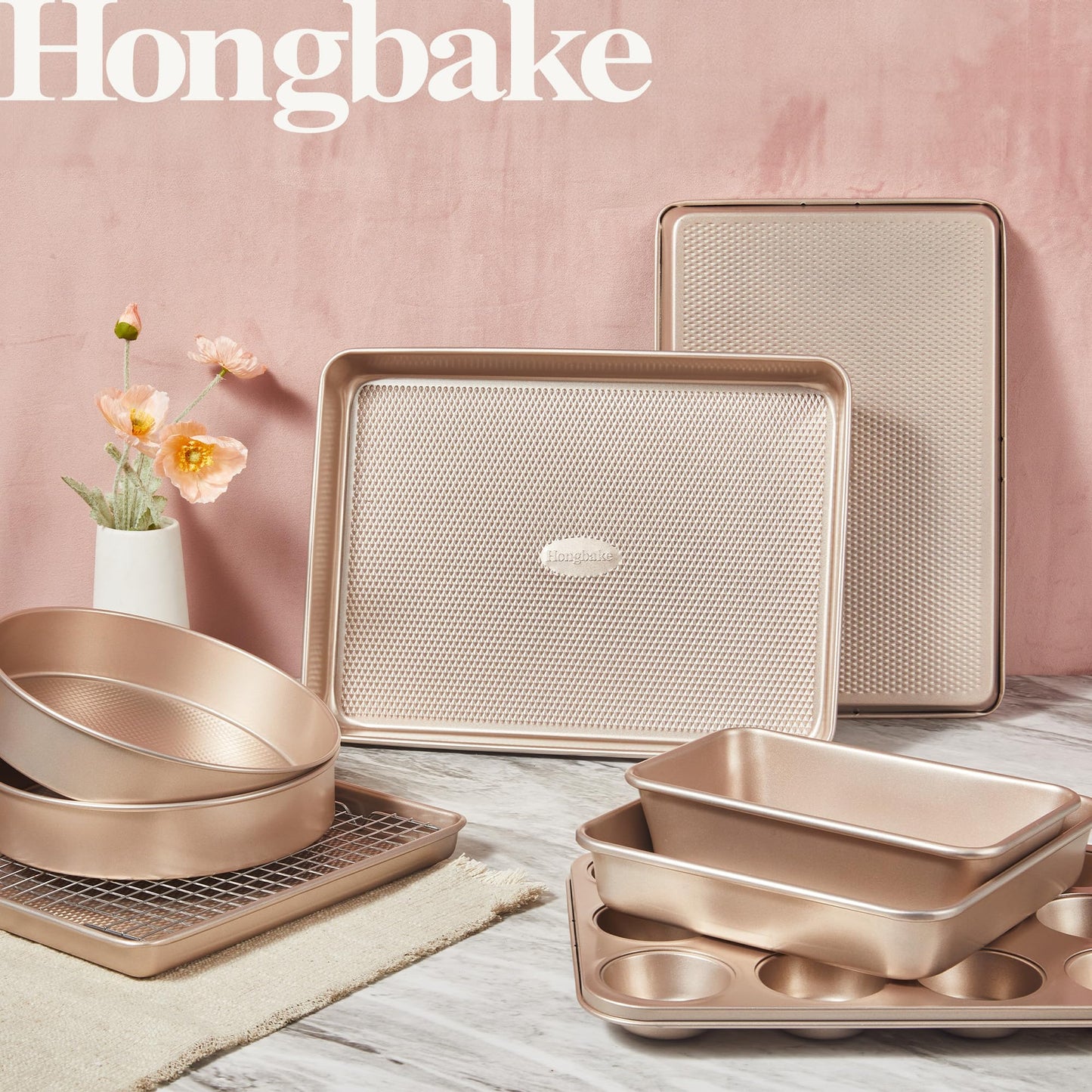 HONGBAKE 9-Piece Baking Pans Set Nonstick, Stackable Non Toxic Bakeware Sets with Diamond Texture, Oven Pan Set for Cooking, Includes Cookie Sheet with Rack, Cake Pan, Roasting Pan, Muffin Pan, Gold