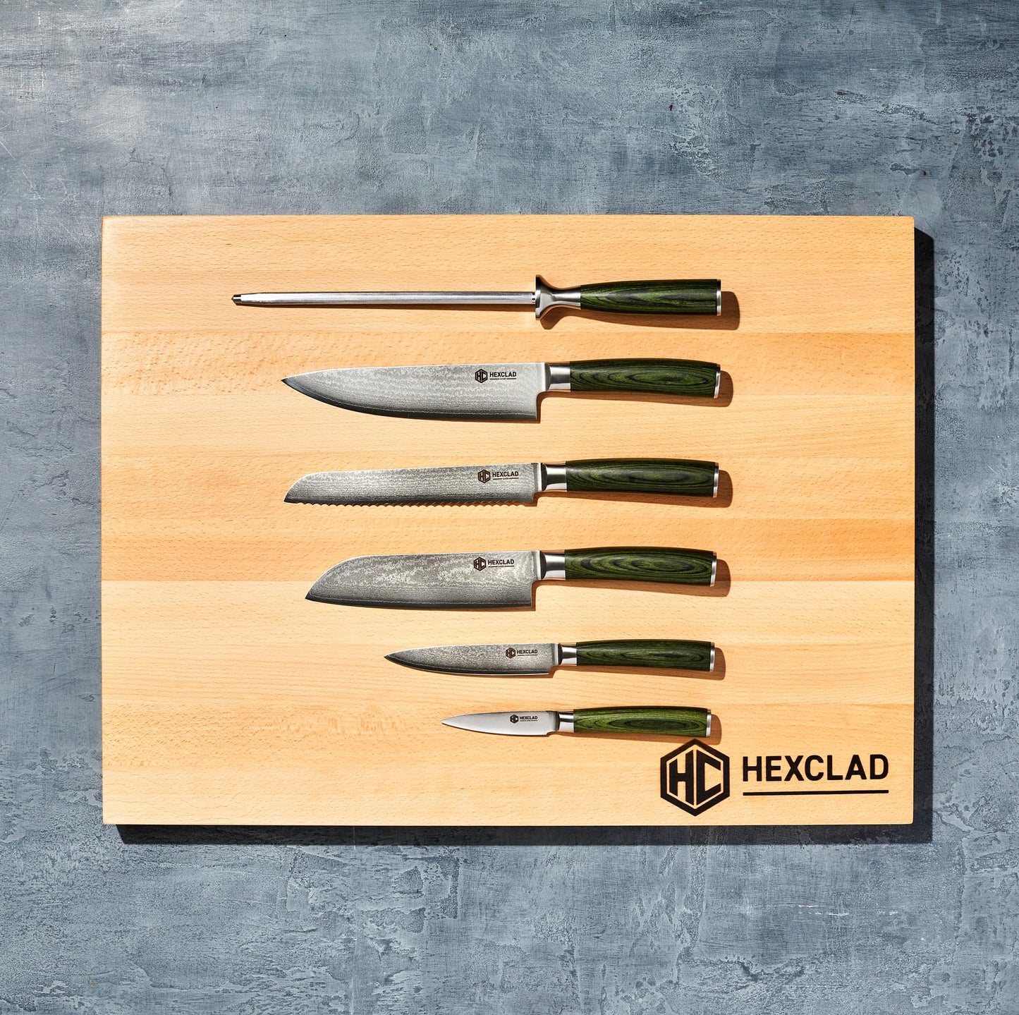 HexClad Essential Knife Set, 6-Piece, Japanese Damascus Stainless Steel Blades, Full Tang Construction, Pakkawood Handles