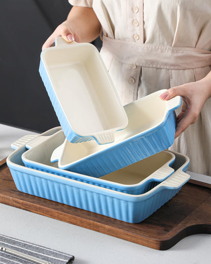 MALACASA Casserole Dishes for Oven, Porcelain Baking Dishes, Ceramic Bakeware Sets of 4, Rectangular Lasagna Pans Deep with Handles for Baking Kitchen, Blue (9.4"/11.1"/12.2"/14.7"), Series BAKE.BAKE