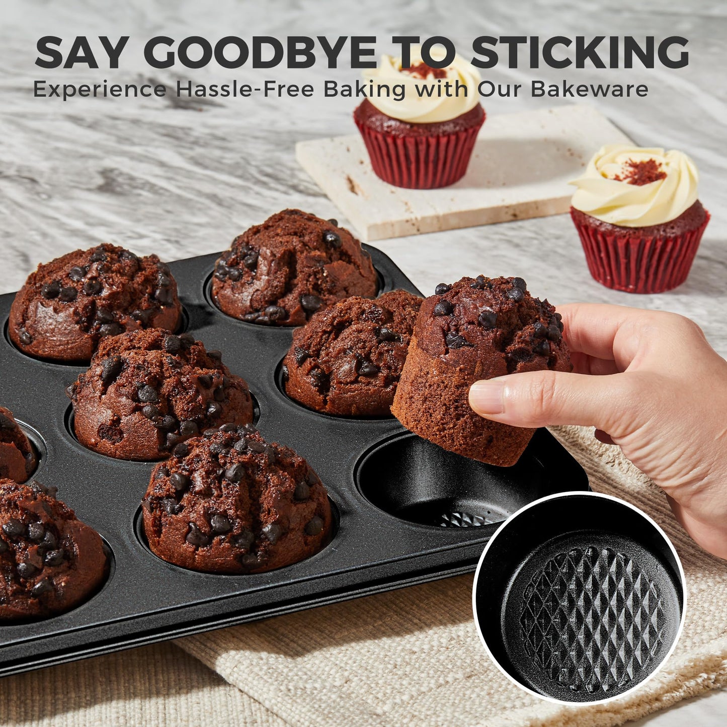 HONGBAKE 9-Piece Baking Pans Set Nonstick, Stackable Non Toxic Bakeware Sets with Diamond Texture, Oven Pan Set for Cooking, Includes Cookie Sheet with Rack, Cake Pan, Roasting Pan, Muffin Pan, Gray