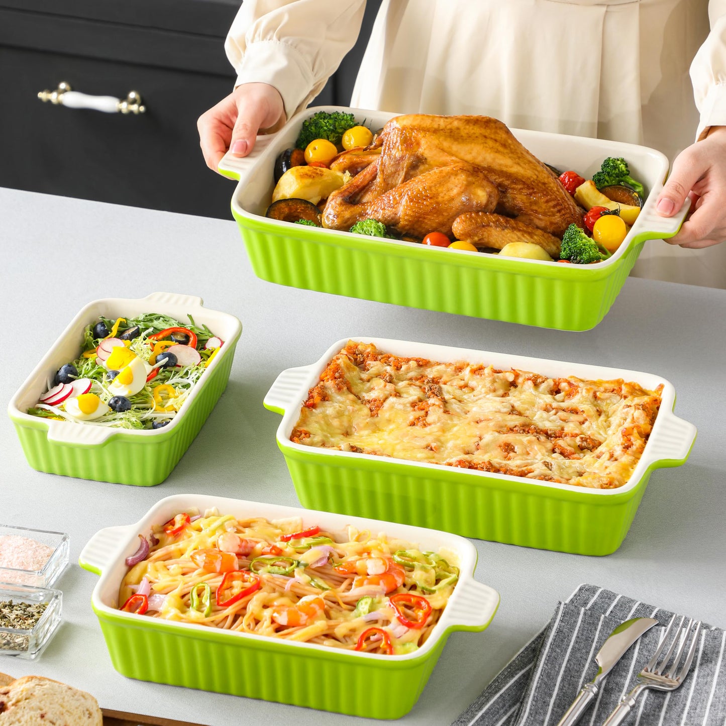 MALACASA Bakeware Set of 4, Porcelain Baking Pans Set for Oven, Casserole Dish, Ceramic Rectangular Baking Dish Lasagna Pans for Cooking Cake Kitchen, Green (9.4"/11.1"/12.2"/14.7"), Series BAKE.BAKE