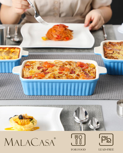 MALACASA Casserole Dishes for Oven, Porcelain Baking Dishes, Ceramic Bakeware Sets of 4, Rectangular Lasagna Pans Deep with Handles for Baking Kitchen, Blue (9.4"/11.1"/12.2"/14.7"), Series BAKE.BAKE