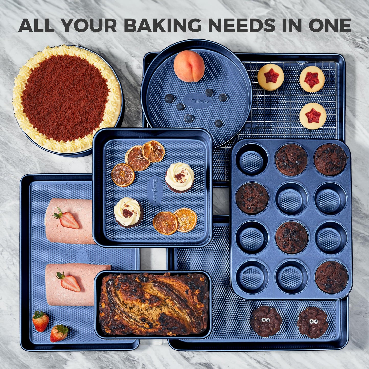 HONGBAKE 9-Piece Baking Pans Set Nonstick, Stackable Non Toxic Bakeware Sets with Diamond Texture, Oven Pan Set for Cooking, Includes Cookie Sheet with Rack, Cake Pan, Roasting Pan, Muffin Pan, Blue