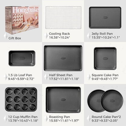 HONGBAKE 9-Piece Baking Pans Set Nonstick, Stackable Non Toxic Bakeware Sets with Diamond Texture, Oven Pan Set for Cooking, Includes Cookie Sheet with Rack, Cake Pan, Roasting Pan, Muffin Pan, Gray