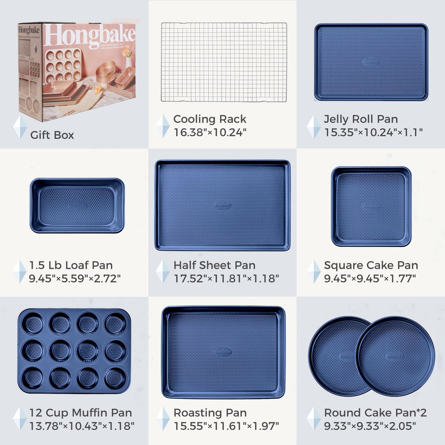 HONGBAKE 9-Piece Baking Pans Set Nonstick, Stackable Non Toxic Bakeware Sets with Diamond Texture, Oven Pan Set for Cooking, Includes Cookie Sheet with Rack, Cake Pan, Roasting Pan, Muffin Pan, Blue