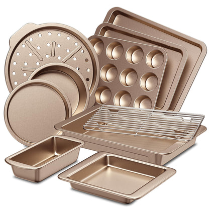 HONGBAKE Bakeware Sets, Baking Pans Set, Nonstick Oven Pan for Kitchen with Wider Grips, 10-Piece Including Rack, Cookie Sheet, Cake Pans, Loaf Pan, Muffin Pan, Pizza Pan - Champagne Gold