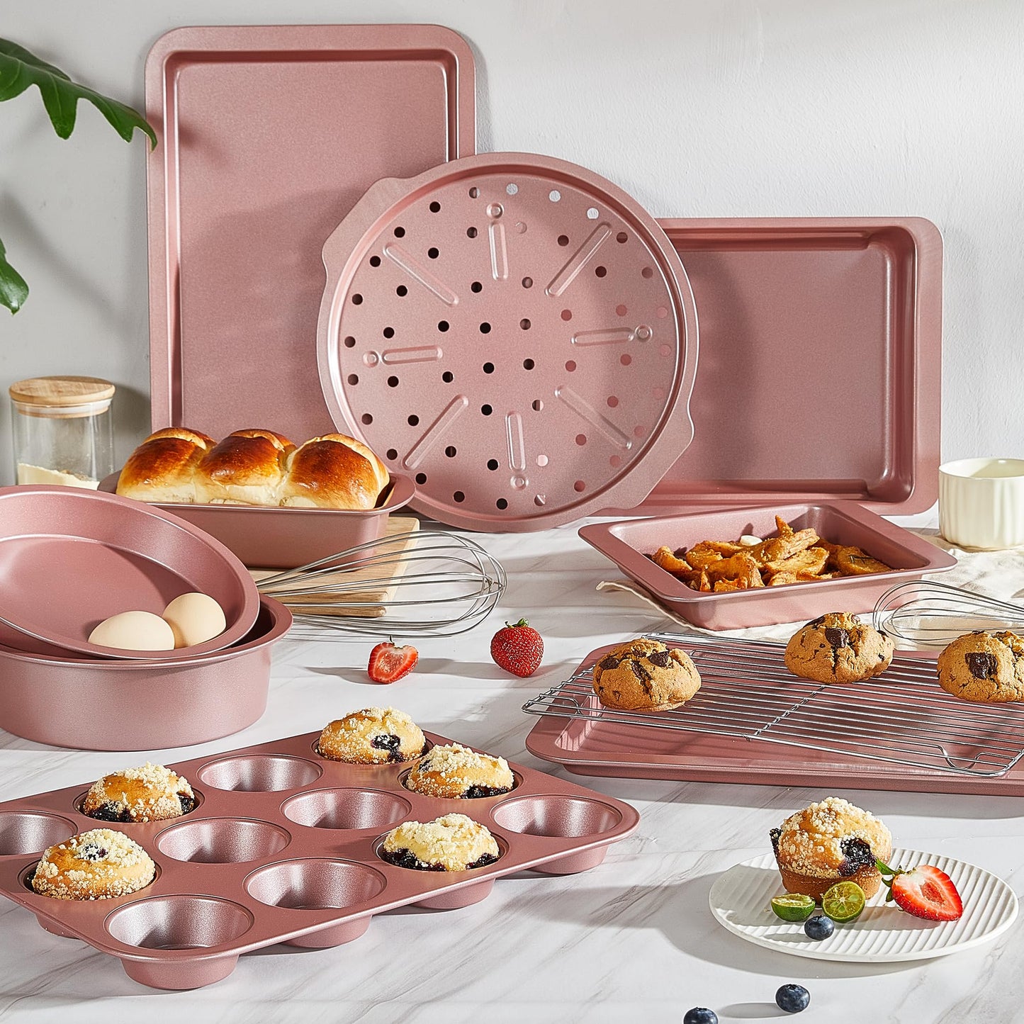 HONGBAKE Bakeware Sets, Baking Pans Set, Nonstick Oven Pan for Kitchen with Wider Grips, 10-Piece Including Rack, Cookie Sheet, Cake Pans, Loaf Pan, Muffin Pan, Pizza Pan - Pink