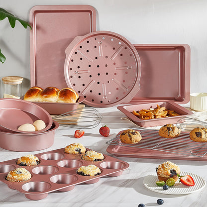 HONGBAKE Bakeware Sets, Baking Pans Set, Nonstick Oven Pan for Kitchen with Wider Grips, 10-Piece Including Rack, Cookie Sheet, Cake Pans, Loaf Pan, Muffin Pan, Pizza Pan - Pink