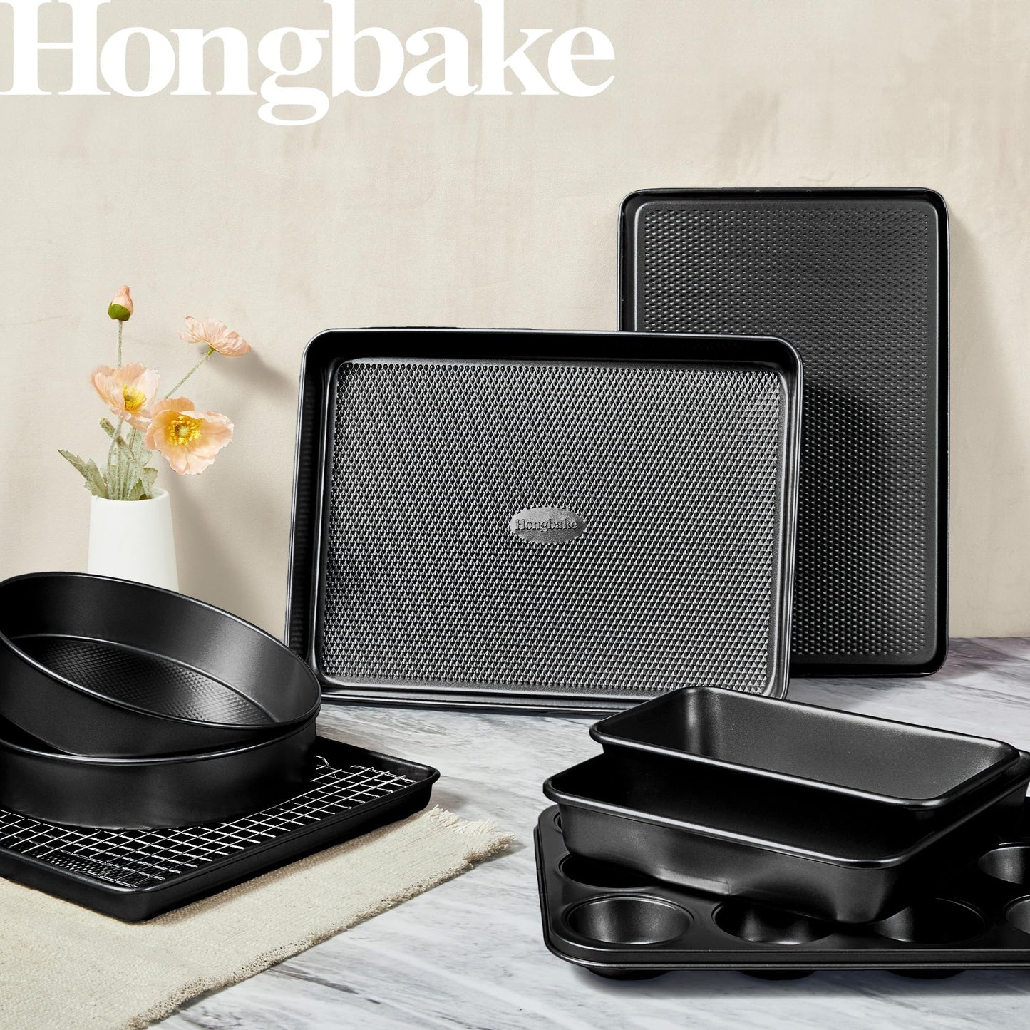 HONGBAKE 9-Piece Baking Pans Set Nonstick, Stackable Non Toxic Bakeware Sets with Diamond Texture, Oven Pan Set for Cooking, Includes Cookie Sheet with Rack, Cake Pan, Roasting Pan, Muffin Pan, Gray