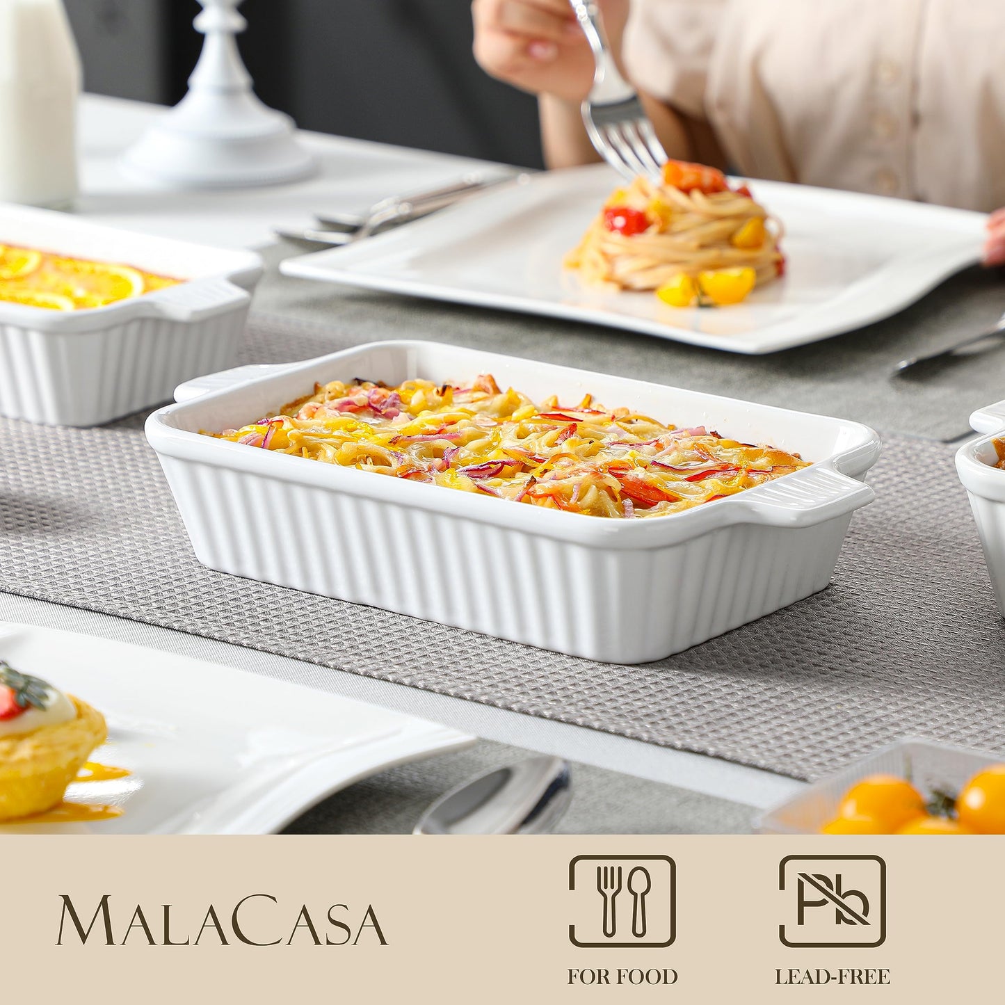 MALACASA Casserole Dishes for Oven, Porcelain Baking Dishes, Ceramic Bakeware Sets of 4, Rectangular Lasagna Pans Deep with Handles for Baking Cake Kitchen, White (9.4"/11.1"/12.2"/14.7"), Series