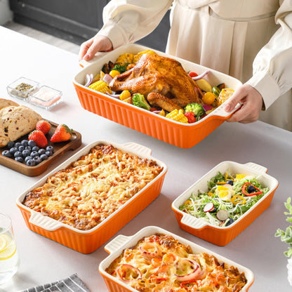 MALACASA Bakeware Set of 4, Porcelain Baking Pans Set for Oven, Casserole Dish, Ceramic Rectangular Baking Dish Lasagna Pans for Cooking Cake Kitchen, Orange(9.4"/11.1"/12.2"/14.7"), Series BAKE.BAKE