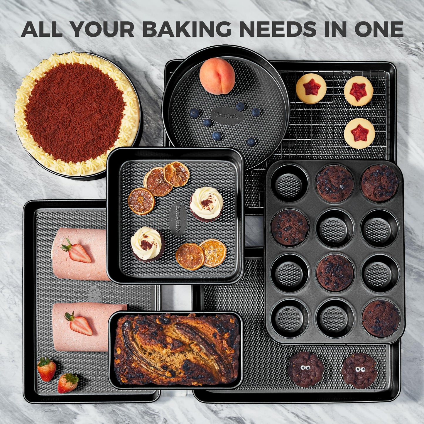 HONGBAKE 9-Piece Baking Pans Set Nonstick, Stackable Non Toxic Bakeware Sets with Diamond Texture, Oven Pan Set for Cooking, Includes Cookie Sheet with Rack, Cake Pan, Roasting Pan, Muffin Pan, Gray