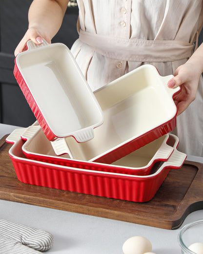 Bakeware Set of 4, MALACASA Porcelain Baking Pans Set for Oven, Casserole Dish, Ceramic Rectangular Baking Dish Lasagna Pans for Cooking Cake Pie Dinner Kitchen, Red (9.5"/11.25"/12.75"/14.5")