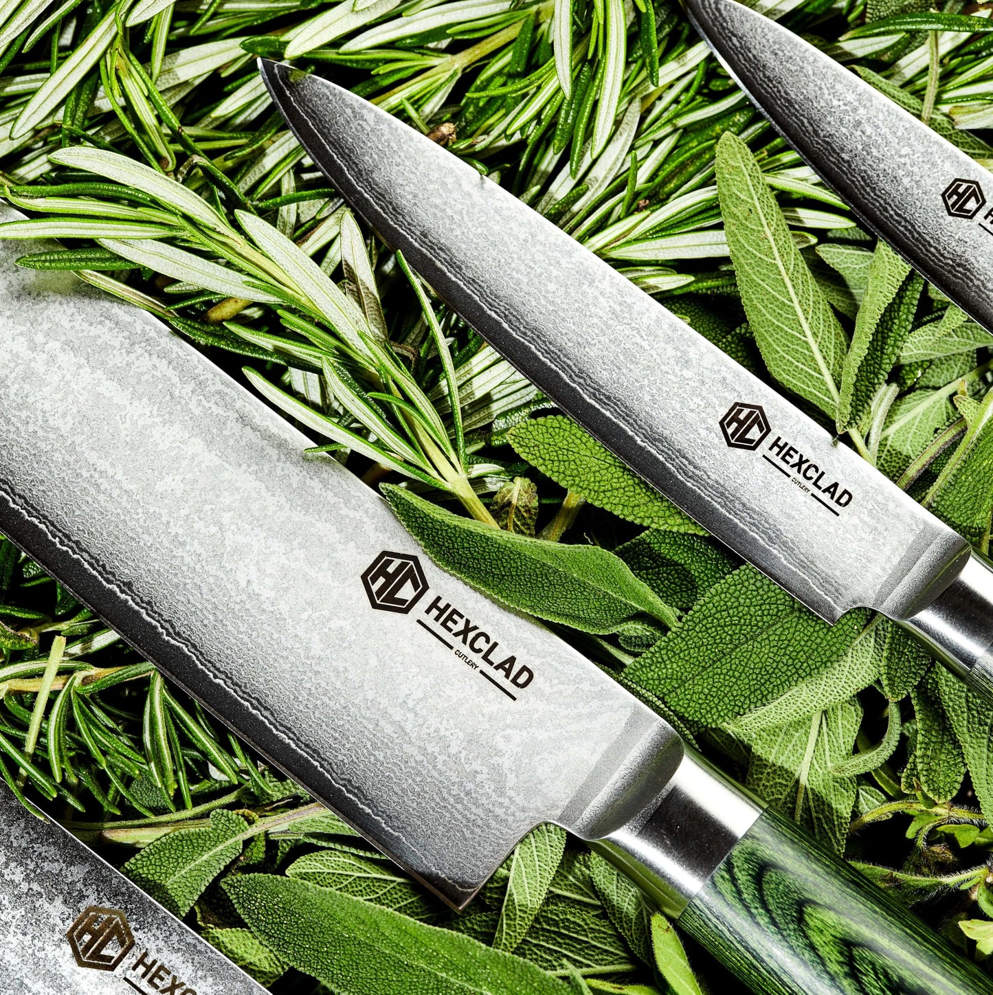 HexClad Essential Knife Set, 6-Piece, Japanese Damascus Stainless Steel Blades, Full Tang Construction, Pakkawood Handles