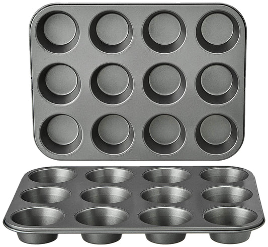 Amazon Basics Nonstick Round Muffin Baking Pan, 12 Cups, Set of 2, Gray, 13.9x10.55x1.22"